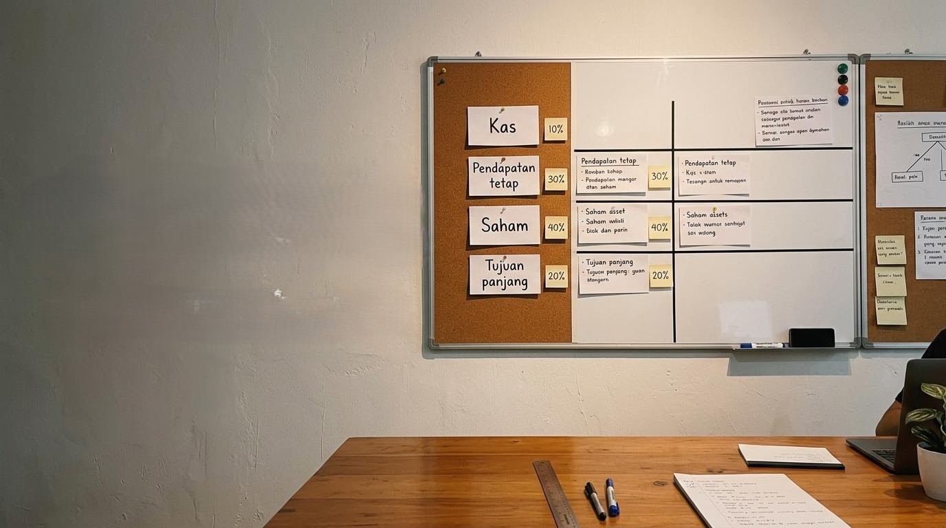 Pared de tablero de conocimiento en un espacio de aprendizaje compartido en Buenos Aires, con fichas de asignación de activos etiquetadas y luz cálida cobriza