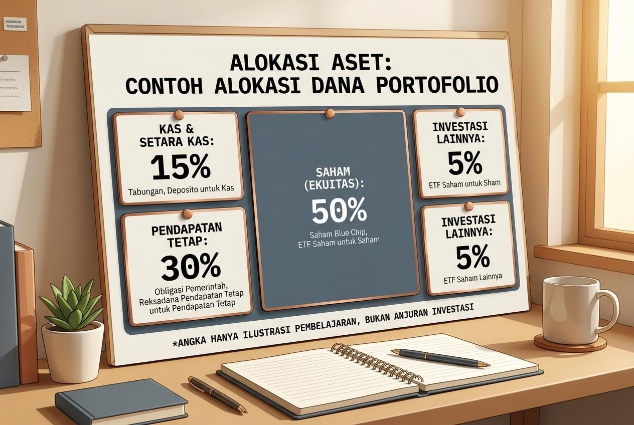 Tarjeta de aprendizaje de los principios de asignación de activos de cartera con mosaicos etiquetados de proporciones