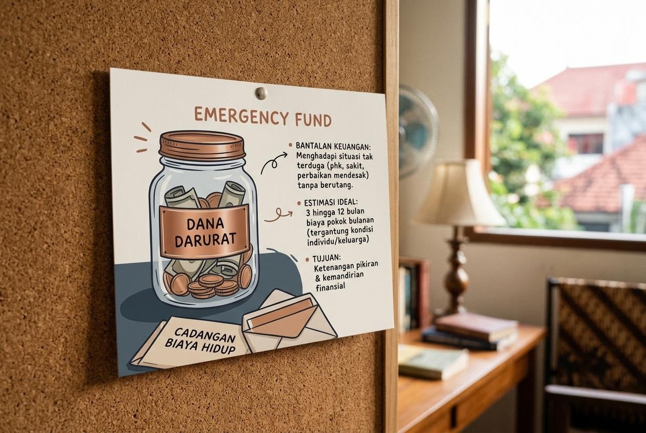 Tarjeta de aprendizaje del fondo de emergencia como colchón financiero con ilustración de ahorros separados