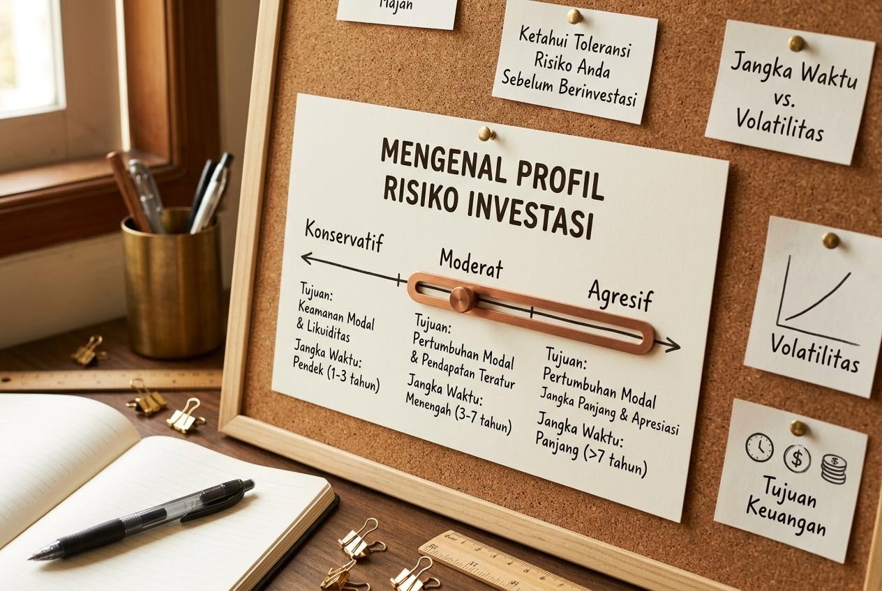 Ficha de aprendizaje sobre perfil de riesgo de inversión, con escala de tolerancia en un tablero de corcho