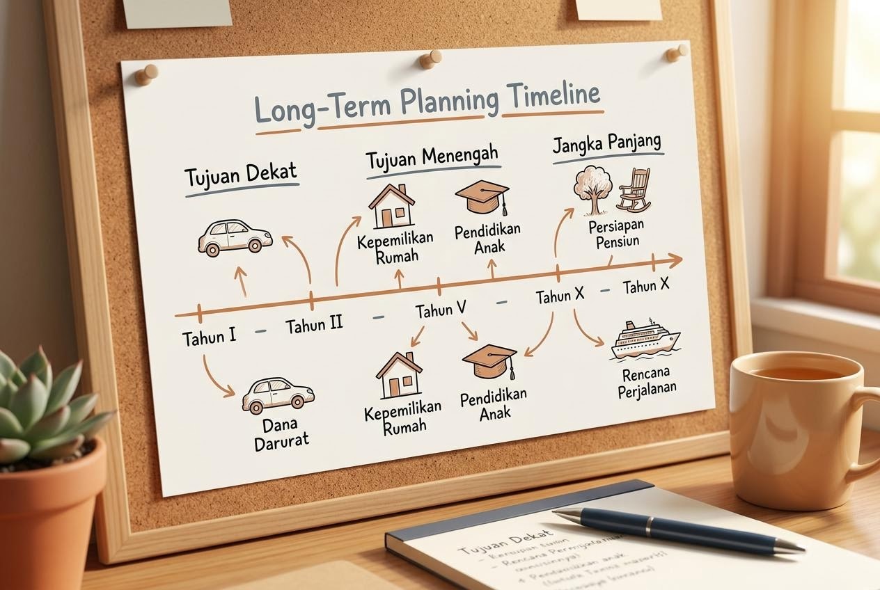 Ficha de aprendizaje sobre planificación financiera a largo plazo, con línea de tiempo de objetivos